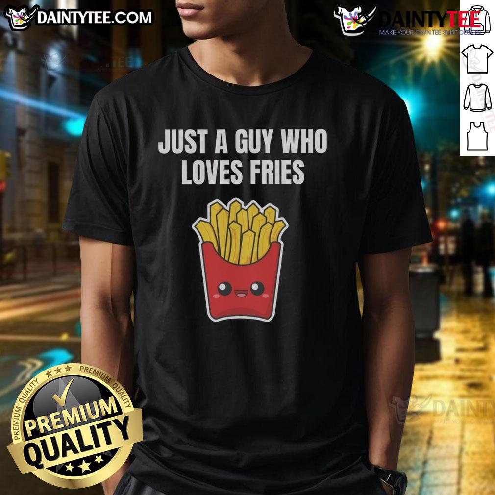 Cute Just A Guy Who Loves Fries French Fry Curly Fried Fast Food Lover Kawaii T-Shirt Alt Text: Cute 'Just A Guy Who Loves Fries' Kawaii T-Shirt featuring curly fries design for fast food lovers.
