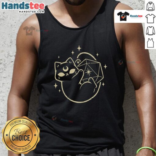 Cute magical black cat design on a D20 tank top, perfect for cat lovers and tabletop gaming enthusiasts.
