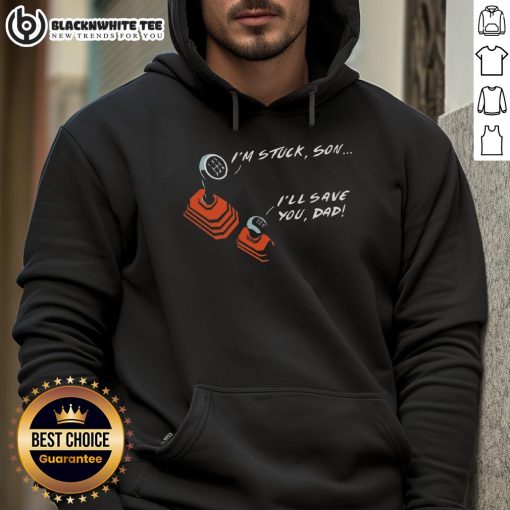 Cute manual transmission dad and son wearing matching gear hoodies, showcasing their love for driving together.