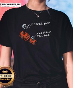 Alt Text: Cute dad and son wearing manual transmission gear t-shirts, perfect for car enthusiasts and family bonding.