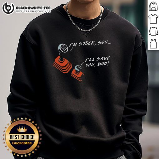 Alt Text: Adorable dad and son wearing matching 'Cute Manual Transmission' sweatshirts, showcasing their love for cars.