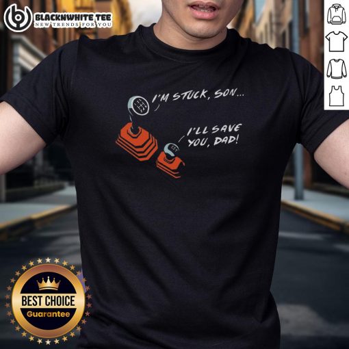 Father and son wearing a cute manual transmission gear t-shirt, showcasing their love for driving and bonding over cars.