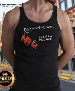 Adorable dad and son in matching gear tank tops showcasing their love for manual transmission cars.