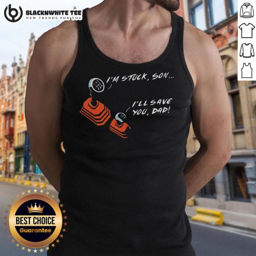 Adorable dad and son in matching gear tank tops showcasing their love for manual transmission cars.