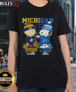 Alt Text: Cute Michigan sports tee featuring Charlie Brown Wolverines for Saturdays and Snoopy Detroit Lions for Sundays.