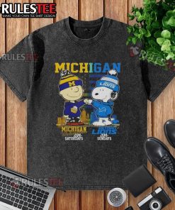 Alt Text: Cute Michigan Sports Charlie Brown Wolverines and Snoopy Detroit Lions Skyline Washed T-Shirt for game days.