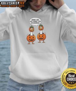 Cute geese in Halloween pumpkin costume hoodie, showcasing festive spirit and fun for fall celebrations.
