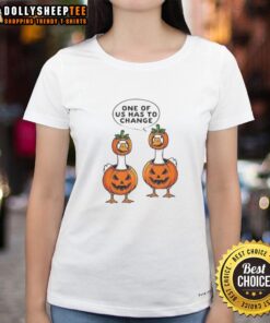 Alt Text: Cute Halloween pumpkin costume tee for ladies featuring geese design, perfect for festive fall celebrations.