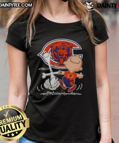 Cute Peanuts Snoopy and Charlie Brown Chicago Bears football ladies tee, perfect for fans and casual wear.