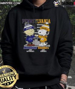 Alt Text: Cute Pennsylvania Sports hoodie featuring Charlie Brown, Penn State Nittany Lions, and Snoopy with Pittsburgh Steelers.