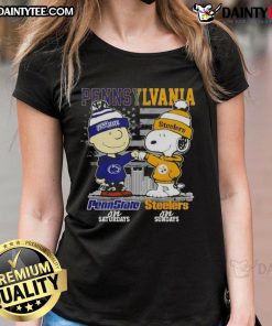 Cute Pennsylvania sports tee featuring Charlie Brown, Snoopy, Penn State Nittany Lions, and Pittsburgh Steelers design.