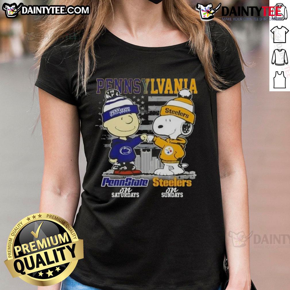 Cute Pennsylvania Sports Charlie Brown Penn State Nittany Lions X Snoopy Pittsburgh Steelers Sundays Ladies-Tee Cute Pennsylvania sports tee featuring Charlie Brown, Snoopy, Penn State Nittany Lions, and Pittsburgh Steelers design.