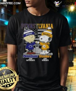 Alt Text: Cute Pennsylvania Sports Charlie Brown t-shirt featuring Penn State Nittany Lions and Pittsburgh Steelers designs.