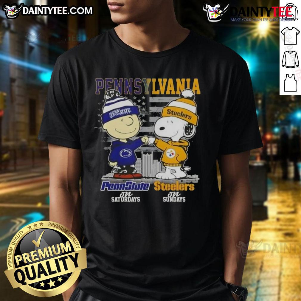 Cute Pennsylvania Sports Charlie Brown Penn State Nittany Lions X Snoopy Pittsburgh Steelers Sundays T-Shirt Alt Text: Cute Pennsylvania Sports Charlie Brown t-shirt featuring Penn State Nittany Lions and Pittsburgh Steelers designs.