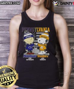 Cute Pennsylvania sports tank top featuring Charlie Brown, Snoopy, Penn State Nittany Lions, and Pittsburgh Steelers.