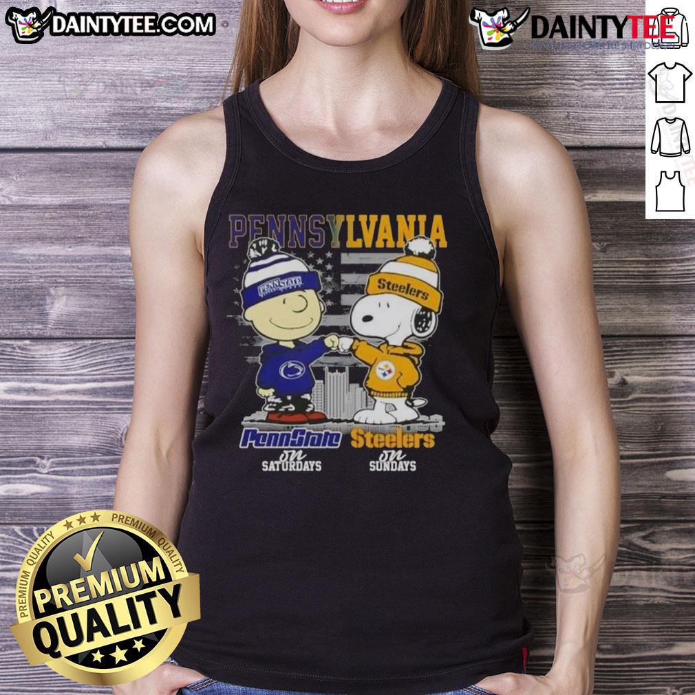 Cute Pennsylvania Sports Charlie Brown Penn State Nittany Lions X Snoopy Pittsburgh Steelers Sundays Tank Top Cute Pennsylvania sports tank top featuring Charlie Brown, Snoopy, Penn State Nittany Lions, and Pittsburgh Steelers.