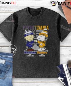 Cute Pennsylvania sports Charlie Brown shirt featuring Penn State Nittany Lions and Pittsburgh Steelers for game day.