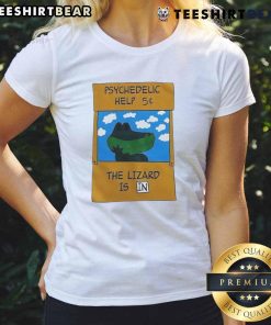 Cute psychedelic 'Help the Lizard' ladies tee featuring vibrant colors and playful lizard design.