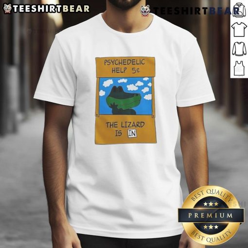 Alt Text: Cute psychedelic Help The Lizard Is In t-shirt design featuring vibrant colors and playful graphics.