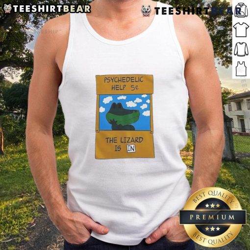 Cute psychedelic illustration of a lizard in a tank top, showcasing vibrant colors and playful design. Perfect for reptile lovers!