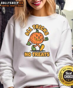 Alt Text: Adorable Cute Pumpkin sweatshirt with All Tricks No Treats slogan, perfect for Halloween festivities and casual wear.