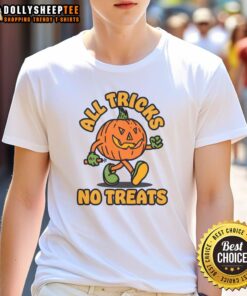 Adorable Halloween t-shirt featuring a cute pumpkin design with the phrase 'All Tricks No Treats' for festive fun.