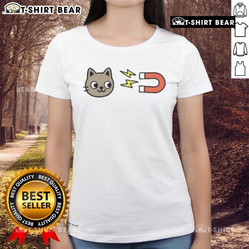 Cute Pussy Magnet Cat Ladies Tee featuring a playful cat graphic, perfect for cat lovers and casual wear.