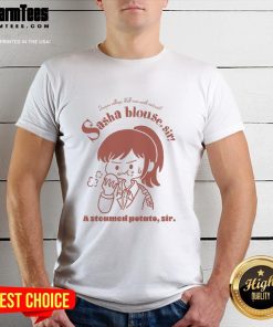 Model wearing a Cute Sasha Blouse and Attack on Titan T-Shirt featuring a unique Steamed Potato design.