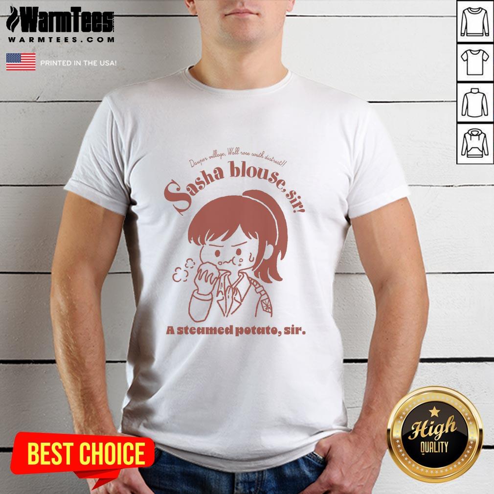 Cute Sasha Blouse Sir A Steamed Potato Sir Attack On Titan T Shirt Model wearing a Cute Sasha Blouse and Attack on Titan T-Shirt featuring a unique Steamed Potato design.