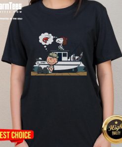 Cute shrimp and peanuts graphic on a Snoopy ladies tee, perfect for fun casual wear and seafood lovers.