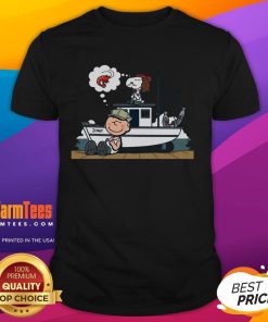 Alt Text: Cute shrimp and peanuts graphic on a Snoopy T-shirt, perfect for casual wear and seafood lovers.