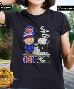Alt Text: Cute Snoopy and Charlie Brown Chicago City sports tee featuring Cubs and White Sox skyline design for ladies.