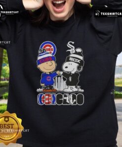 Cute Snoopy and Charlie Brown Chicago City Sports Cubs vs White Sox skyline sweatshirt design.