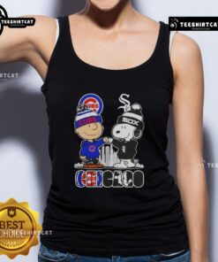Cute Snoopy and Charlie Brown in Chicago sports Cubs vs. White Sox skyline tank top design for fans.