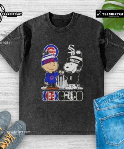 Cute Snoopy and Charlie Brown graphic on Chicago skyline washed t-shirt featuring Cubs and White Sox sports logos.