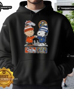 Alt Text: Cute Snoopy and Charlie Brown Denver Sports Broncos X Nuggets Skyline Hoodie design featuring iconic characters.