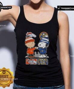 Alt Text: Cute Snoopy and Charlie Brown tank top featuring Denver sports teams Broncos and Nuggets skyline design.
