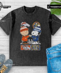 Cute Snoopy and Charlie Brown on a Denver sports t-shirt featuring Broncos and Nuggets skyline design.