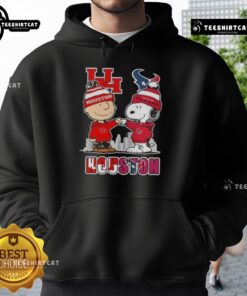 Alt Text: Cute Snoopy and Charlie Brown hoodie featuring Houston Cougars and Texans skyline design, perfect for sports fans.