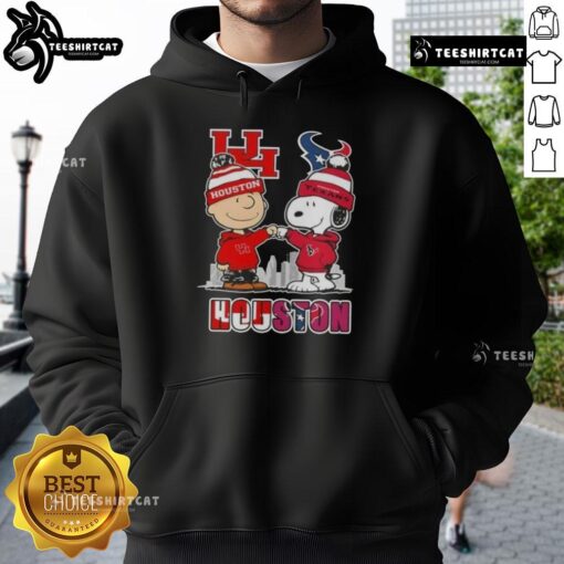 Alt Text: Cute Snoopy and Charlie Brown hoodie featuring Houston Cougars and Texans skyline design, perfect for sports fans.