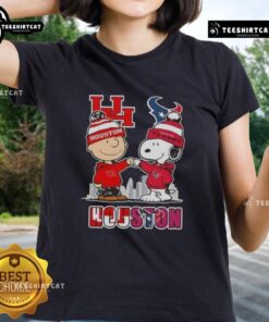 Alt Text: Cute Snoopy and Charlie Brown graphic on Houston Cougars X Texans skyline ladies tee shirt.