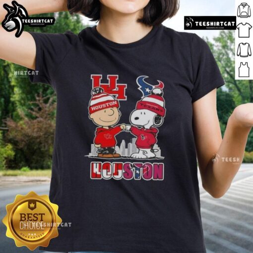Alt Text: Cute Snoopy and Charlie Brown graphic on Houston Cougars X Texans skyline ladies tee shirt.