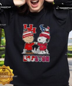 Cute Snoopy and Charlie Brown sweatshirt featuring Houston sports Cougars and Texans skyline design.