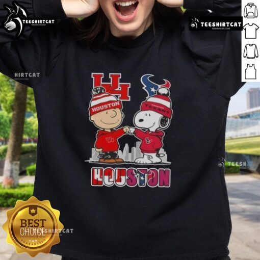 Cute Snoopy and Charlie Brown sweatshirt featuring Houston sports Cougars and Texans skyline design.