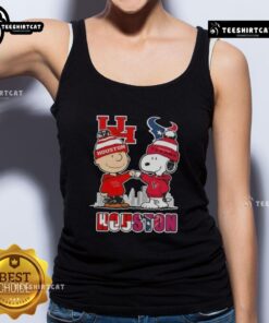 Cute Snoopy and Charlie Brown tank top featuring Houston sports Cougars and Texans skyline design.