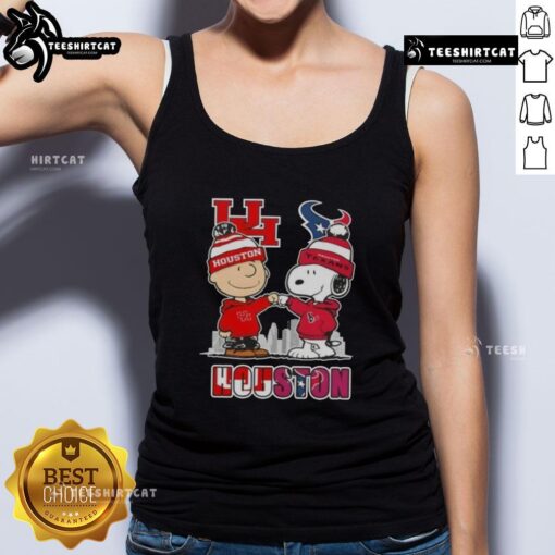 Cute Snoopy and Charlie Brown tank top featuring Houston sports Cougars and Texans skyline design.