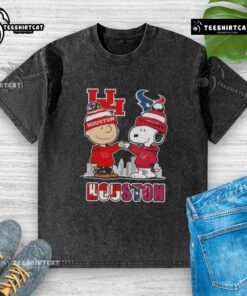 Alt Text: Cute Snoopy and Charlie Brown on a Houston Sports Cougars X Texans skyline washed t-shirt design.