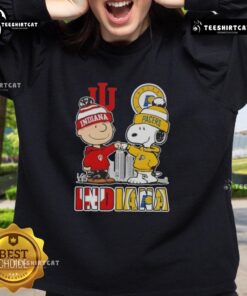 Cute Snoopy and Charlie Brown Indiana sports Hoosiers X Pacers skyline sweatshirt design featuring iconic characters.