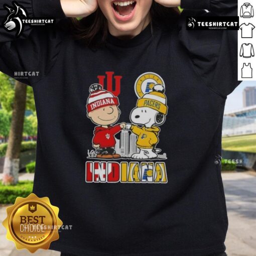 Cute Snoopy and Charlie Brown Indiana sports Hoosiers X Pacers skyline sweatshirt design featuring iconic characters.