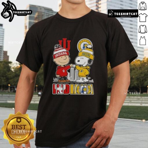Alt Text: Cute Snoopy and Charlie Brown wearing Indiana sports Hoosiers X Pacers skyline T-shirt, perfect for fans.
